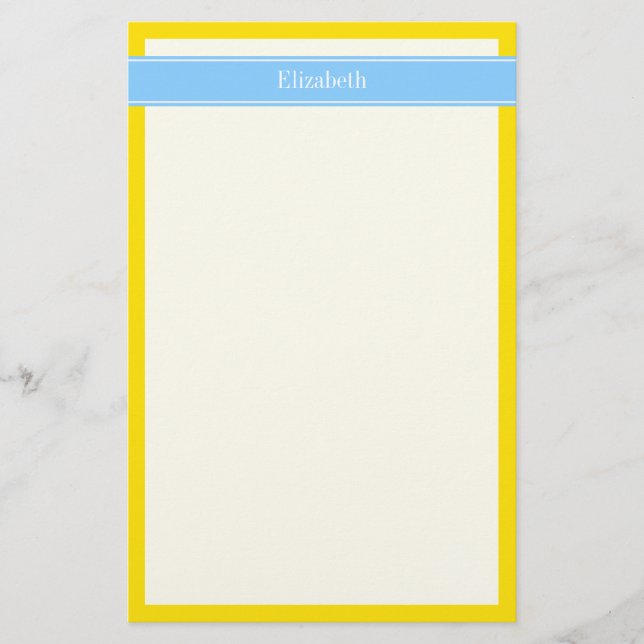 Solid Yellow, Sky Blue Ribbon Name Monogram Stationery (Front)