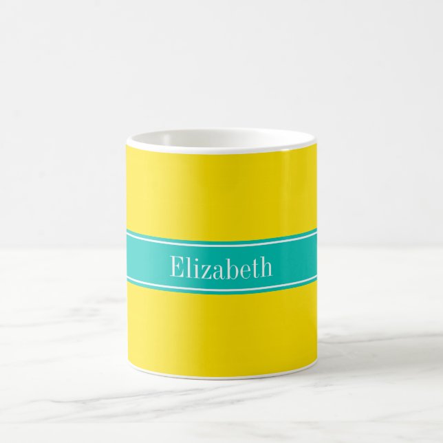 Solid Yellow, Teal Ribbon Name Monogram Coffee Mug (Center)