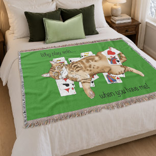 Solitaire Funny Orange Tabby Cat Playing Cards Throw Blanket