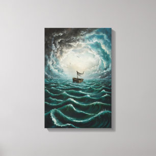 Solitary Boat in Turbulent Seas Ocean Landscape Canvas Print