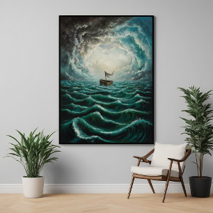 Solitary Boat in Turbulent Seas Ocean Landscape Poster