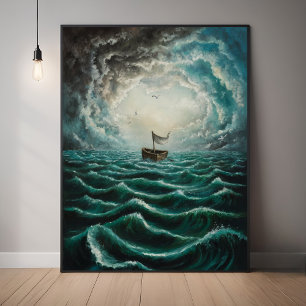 Solitary Boat in Turbulent Seas Ocean Landscape Poster