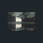 Solitary Figure Storm Cloud Mirror Abyss Canvas Print<br><div class="desc">A lone figure stands motionless at the exact center where four mirrored quadrants converge, surrounded by violently swirling storm clouds in deep charcoal, bruised purple, and ominous gray. Faint golden-orange light fractures through the tempest, casting dramatic rays across an infinite reflective surface that doubles every cloud formation into a perfect,...</div>