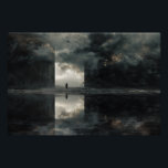 Solitary Figure Storm Cloud Mirror Abyss Poster<br><div class="desc">A lone figure stands motionless at the exact center where four mirrored quadrants converge, surrounded by violently swirling storm clouds in deep charcoal, bruised purple, and ominous gray. Faint golden-orange light fractures through the tempest, casting dramatic rays across an infinite reflective surface that doubles every cloud formation into a perfect,...</div>