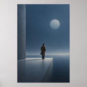Solitary Man Beneath Full Moon Minimal Blue Figura Poster