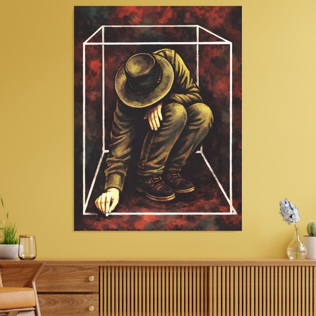 Solitary Man in White Geometric Frame – Moody Dark Canvas Print (Insitu(LivingRoom))