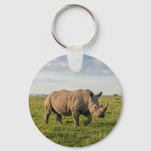 Solitary Rhino Walking In Open Grassland Photo Enl Keychain
