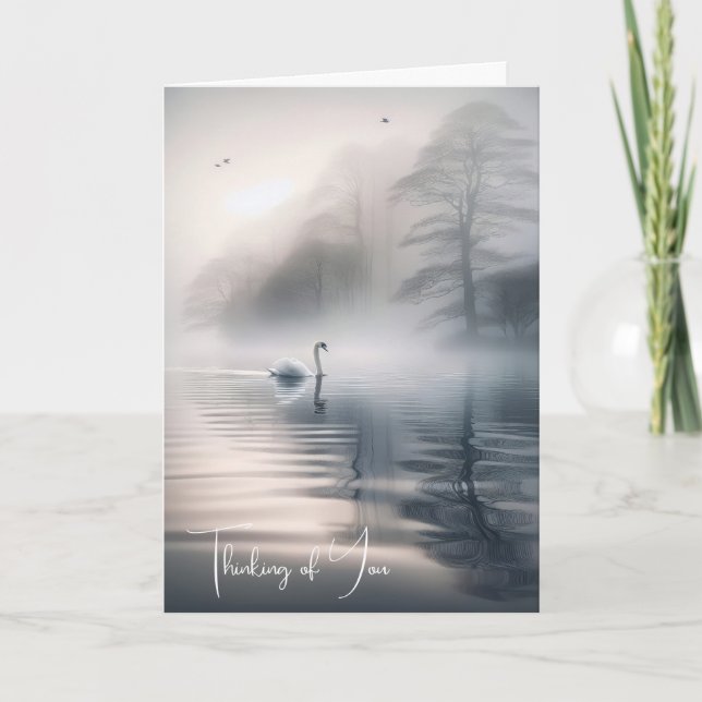 Solitary Swan On Calm Misty Lake Card (Front)