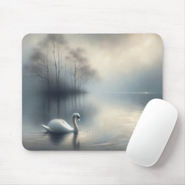 Solitary Swan on Misty Lake Mouse Pad (With Mouse)