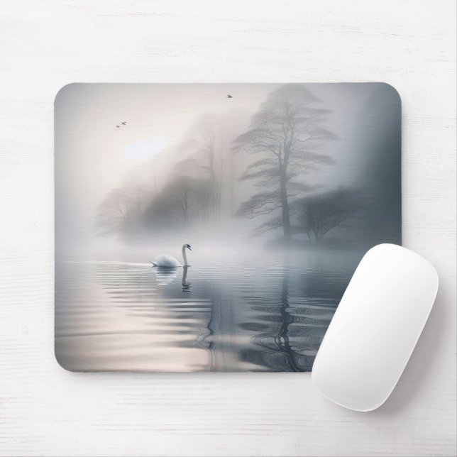 Solitary Swan On Misty Lake Mouse Pad (With Mouse)
