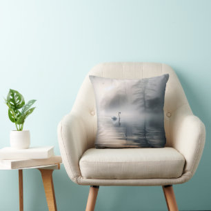 Solitary Swan On Misty Lake Throw Pillow