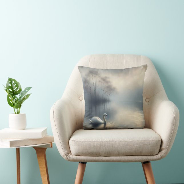 Solitary Swan On Misty Lake Throw Pillow (Chair)