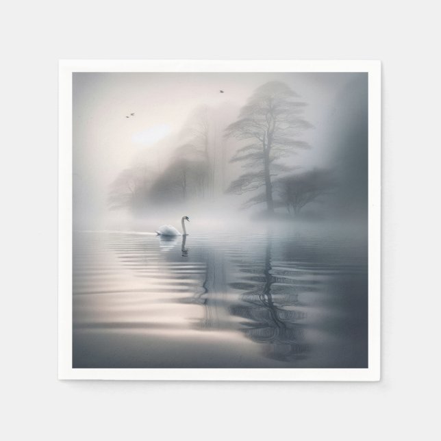 Solitary Swan On Misty Morning Lake Napkin (Front)