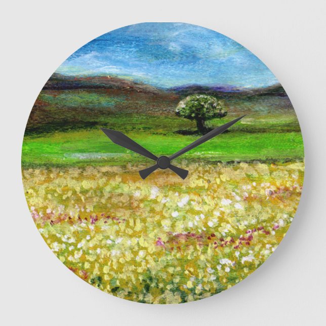 SOLITARY TREE IN THE GREEN YELLOW FLOWER FIELD LARGE CLOCK (Front)