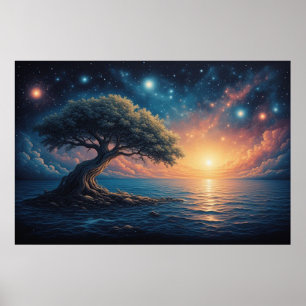 Solitary Tree on Ocean at Sunset 🌅 Starry Fantasy Poster