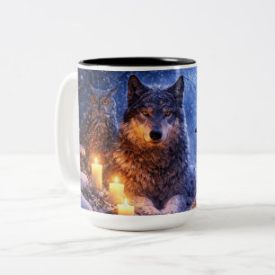 Solitsice Inspired Wolf Raven and Owl Two-Tone Coffee Mug