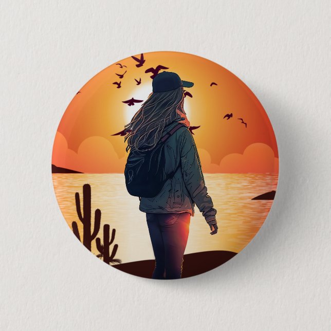 Solitude , Girl stand with a backup of sunset  2 Inch Round Button (Front)