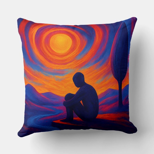 Solitude Under the Sun Abstract Blue and Orange Throw Pillow (Back)