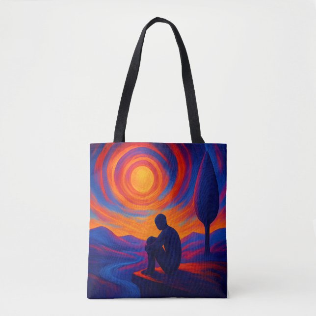 Solitude Under the Sun Abstract Blue, Fire Orange Tote Bag (Front)