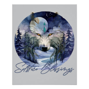 Solstice Blessings Winter Wolf Moonlight Woods Poster