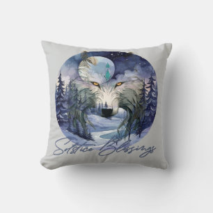 Solstice Blessings Winter Wolf Moonlight Woods Throw Pillow