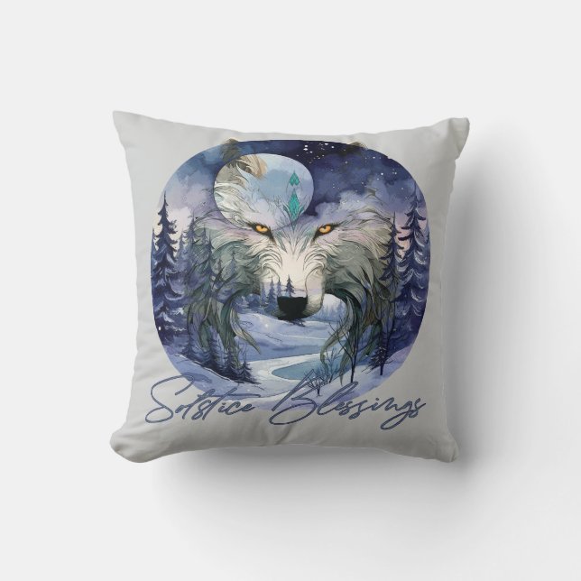 Solstice Blessings Winter Wolf Moonlight Woods Throw Pillow (Front)