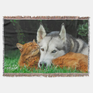 Somali cat and Siberian Husky cute friends huddle Throw Blanket