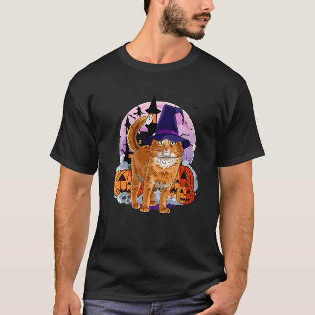 Somali Cat Cute Halloween Witch Pumpkin T-Shirt (Front)