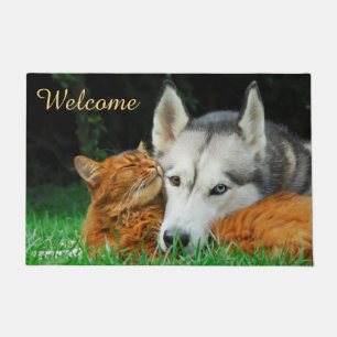 Somali Cat  Husky Cute Friends Huddle Love Welcome Doormat