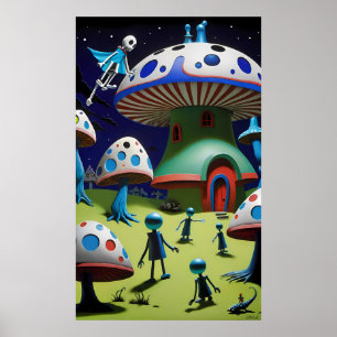 Sombre Evening Over Mushroom Town Fantasy Poster
