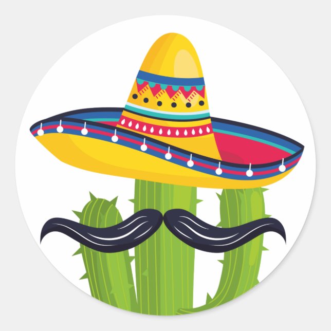 Sombrero wearing Cactus with Moustache Classic Round Sticker (Front)