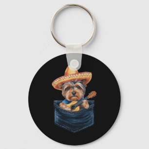 Sombrero Yorkshire Terrier Dog Playing Guitar Cinc Keychain