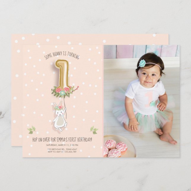 Some Bunny Birthday Invitation Girl First Pink (Front/Back)