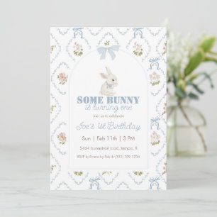Some Bunny Blue Floral Stripe 1st Birthday Invitation