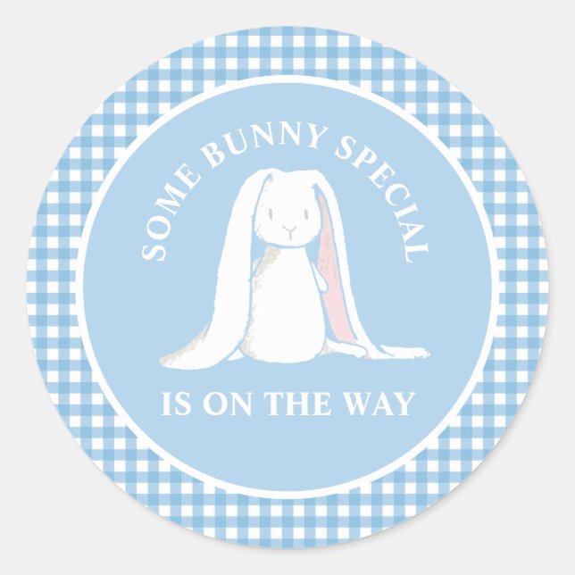 Some Bunny blue gingham baby shower Classic Round Sticker (Front)