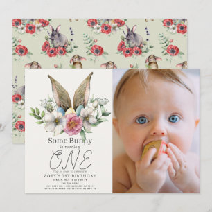 Some Bunny Ear Floral Girl 1st Birthday Photo Invitation