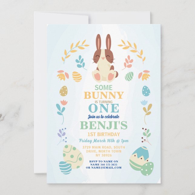 Some Bunny Easter 1st Party Birthday Blue Invite (Front)