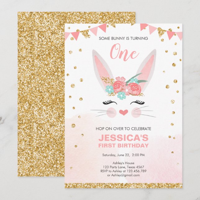 Some Bunny Easter Floral Pink Girl Birthday Invitation (Front/Back)