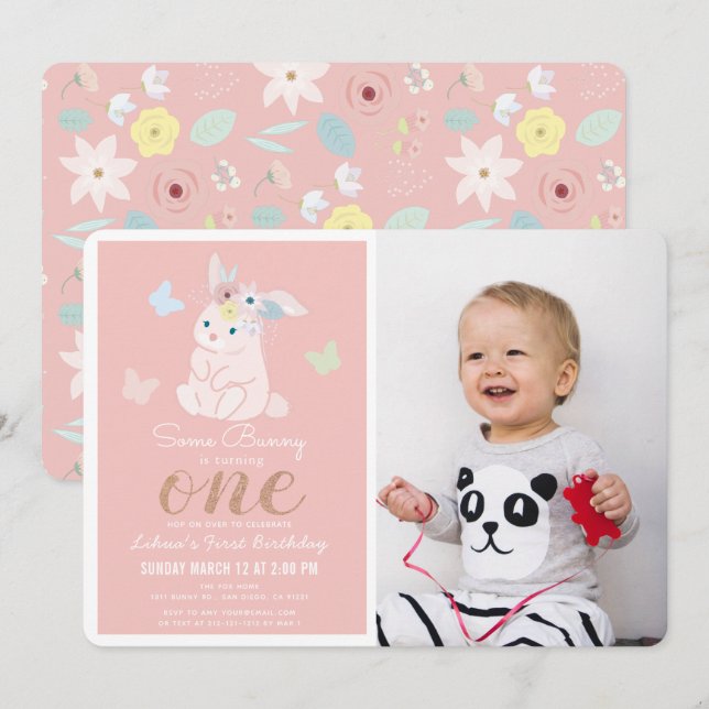 Some Bunny Floral Pink Girl 1st Photo Birthday Invitation (Front/Back)