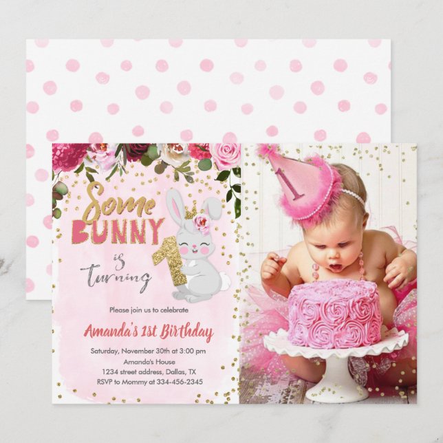 Some Bunny Girl 1st Birthday Invitation With Photo (Front/Back)