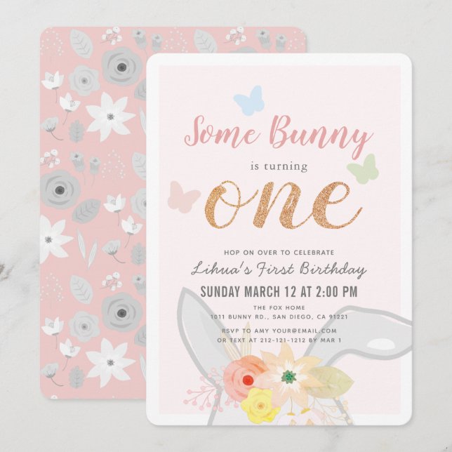 Some Bunny Girl Pink Grey Floral 1st Birthday Invitation (Front/Back)
