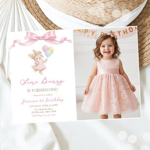 Some Bunny Girl Pink is Turning One Birthday Photo Invitation