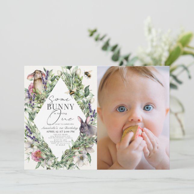 Some Bunny Greenery Rhombus 1st Birthday Photo Invitation (Standing Front)