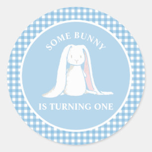 Some Bunny is One blue Gingham Birthday Classic Round Sticker