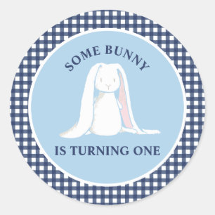 Some Bunny is One blue Gingham Birthday Classic Round Sticker