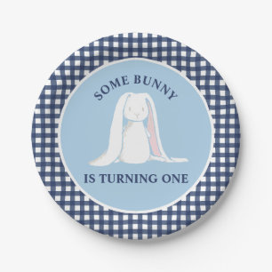 Some Bunny is One blue Gingham Birthday Paper Plate