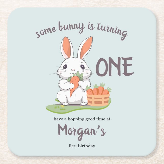 Some Bunny Is One Boys Girls 1st Birthday Square Paper Coaster (Front)