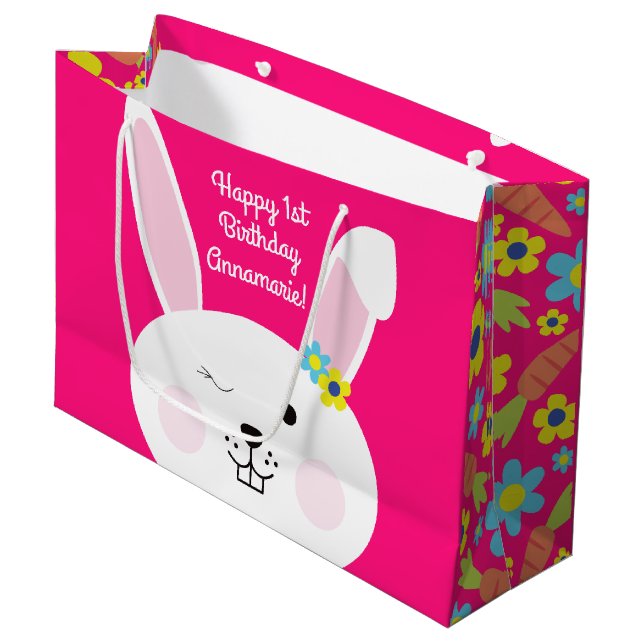 Some Bunny is One Cute Rabbit 1st Birthday Party Large Gift Bag (Front Angled)