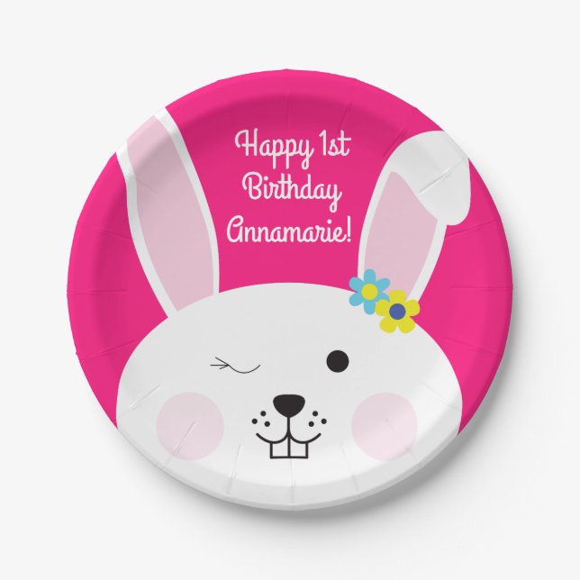 Some Bunny is One Cute Rabbit 1st Birthday Party Paper Plate (Front)