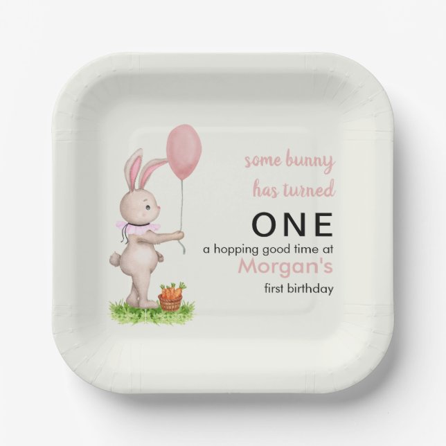 Some Bunny is One Cute Rabbit Balloon 1st Birthday Paper Plate (Front)